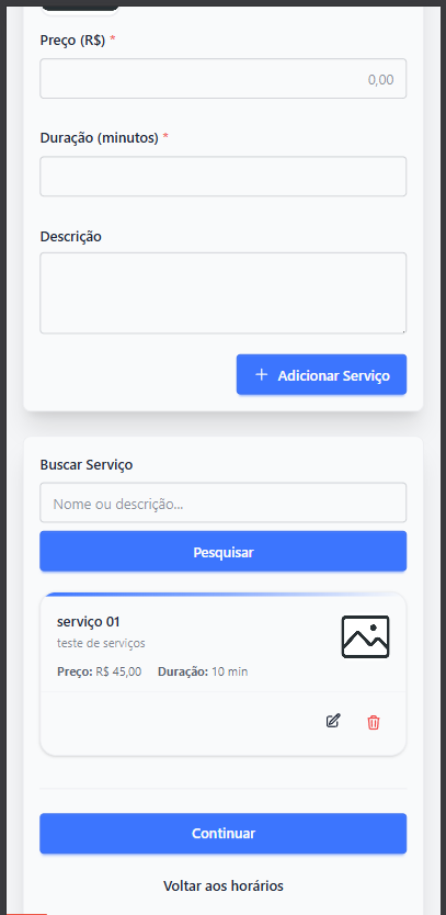 Lista de serviços cadastrados